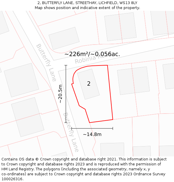 2, BUTTERFLY LANE, STREETHAY, LICHFIELD, WS13 8LY: Plot and title map