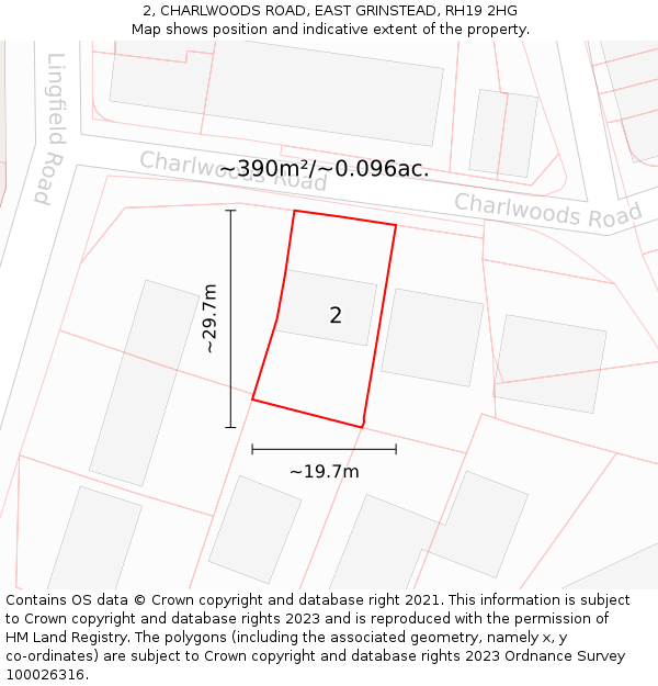 2, CHARLWOODS ROAD, EAST GRINSTEAD, RH19 2HG: Plot and title map