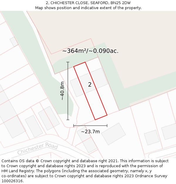 2, CHICHESTER CLOSE, SEAFORD, BN25 2DW: Plot and title map