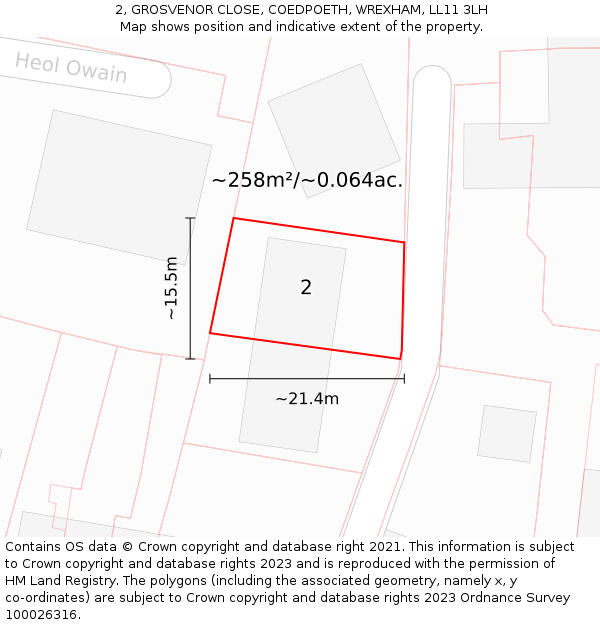 2, GROSVENOR CLOSE, COEDPOETH, WREXHAM, LL11 3LH: Plot and title map