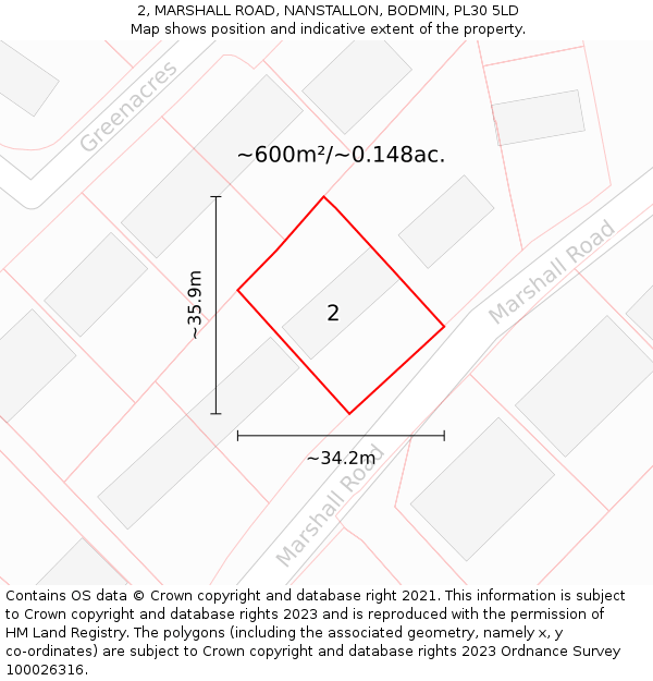 2, MARSHALL ROAD, NANSTALLON, BODMIN, PL30 5LD: Plot and title map