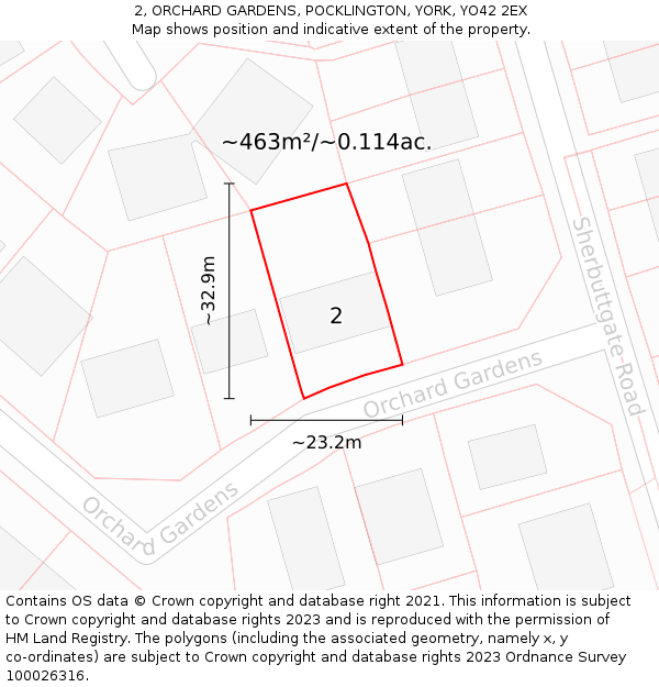 2, ORCHARD GARDENS, POCKLINGTON, YORK, YO42 2EX: Plot and title map