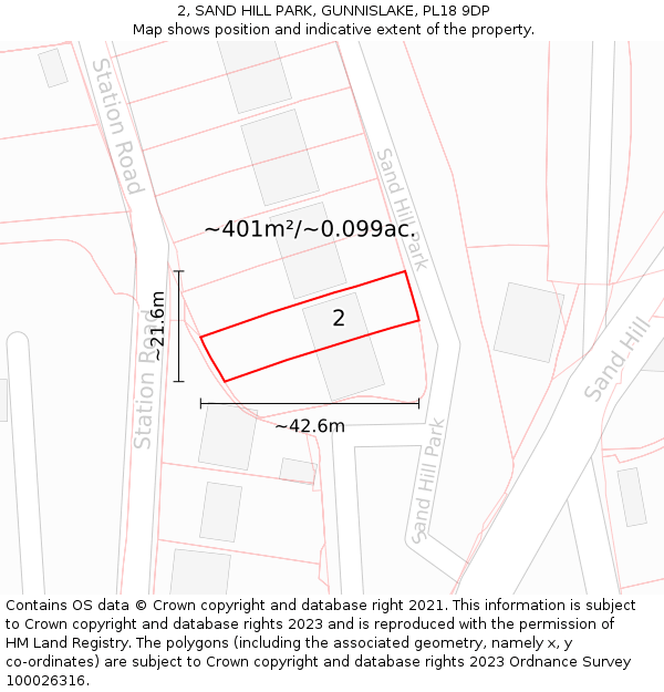 2, SAND HILL PARK, GUNNISLAKE, PL18 9DP: Plot and title map