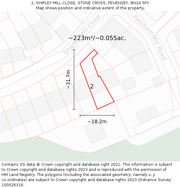 2, SHIPLEY MILL CLOSE, STONE CROSS, PEVENSEY, BN24 5PY: Plot and title map