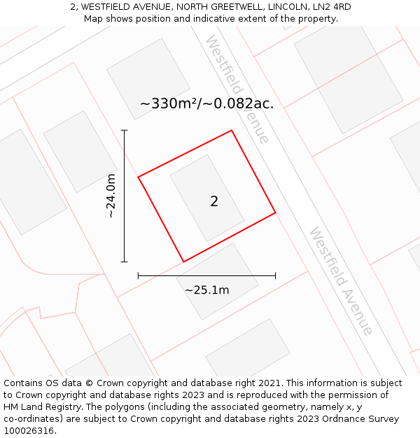 2, WESTFIELD AVENUE, NORTH GREETWELL, LINCOLN, LN2 4RD: Plot and title map