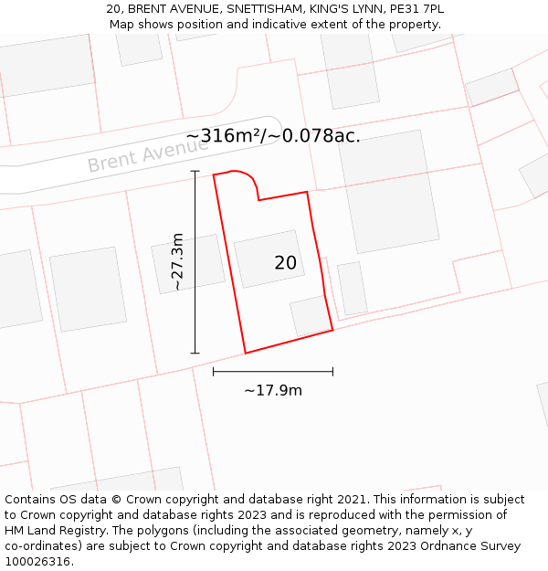 20, BRENT AVENUE, SNETTISHAM, KING'S LYNN, PE31 7PL: Plot and title map