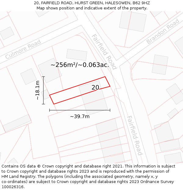 20, FAIRFIELD ROAD, HURST GREEN, HALESOWEN, B62 9HZ: Plot and title map