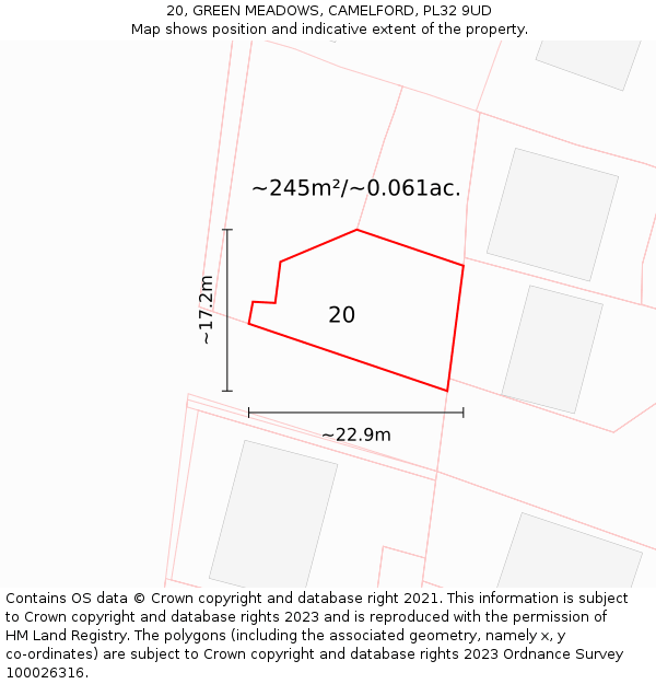 20, GREEN MEADOWS, CAMELFORD, PL32 9UD: Plot and title map