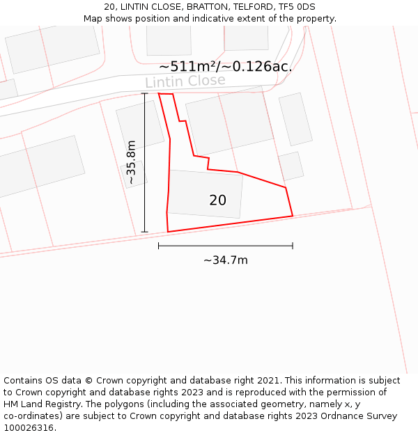 20, LINTIN CLOSE, BRATTON, TELFORD, TF5 0DS: Plot and title map