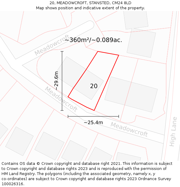 20, MEADOWCROFT, STANSTED, CM24 8LD: Plot and title map