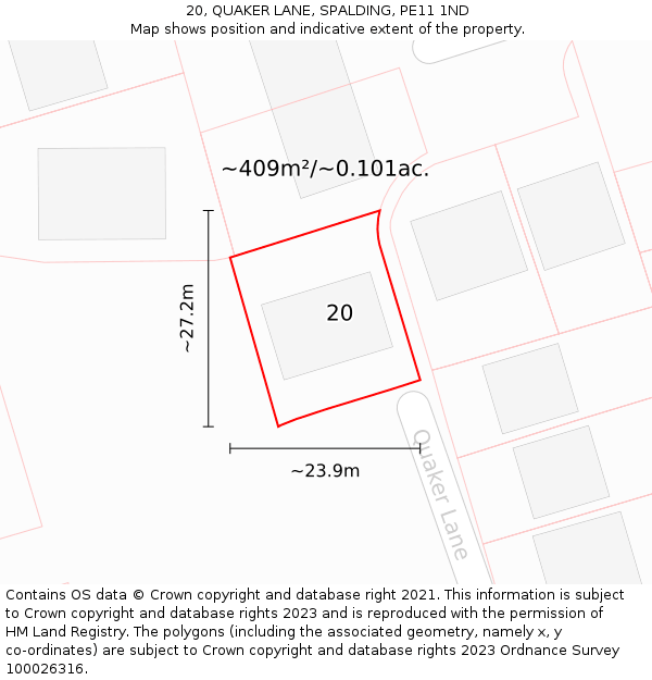 20, QUAKER LANE, SPALDING, PE11 1ND: Plot and title map