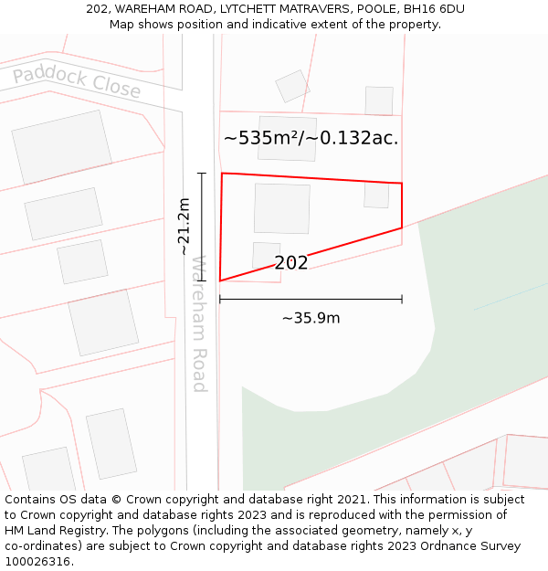 202, WAREHAM ROAD, LYTCHETT MATRAVERS, POOLE, BH16 6DU: Plot and title map