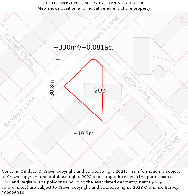 203, BROWNS LANE, ALLESLEY, COVENTRY, CV5 9EF: Plot and title map