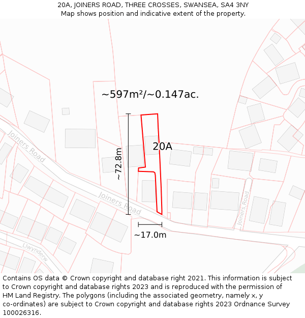 20A, JOINERS ROAD, THREE CROSSES, SWANSEA, SA4 3NY: Plot and title map