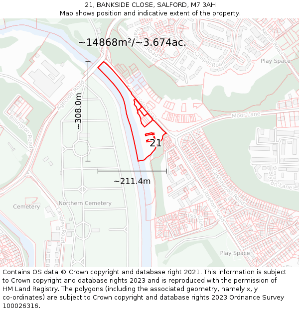 21, BANKSIDE CLOSE, SALFORD, M7 3AH: Plot and title map