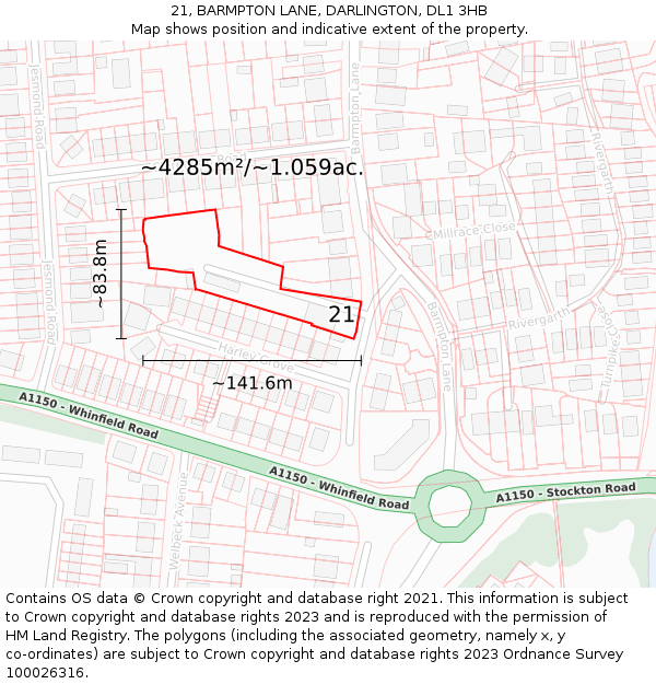 21, BARMPTON LANE, DARLINGTON, DL1 3HB: Plot and title map