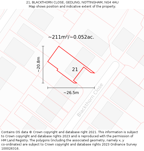 21, BLACKTHORN CLOSE, GEDLING, NOTTINGHAM, NG4 4AU: Plot and title map