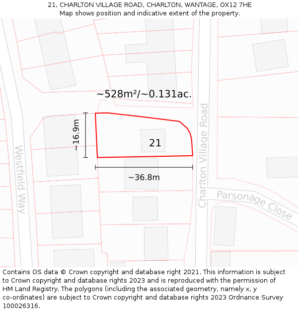 21, CHARLTON VILLAGE ROAD, CHARLTON, WANTAGE, OX12 7HE: Plot and title map