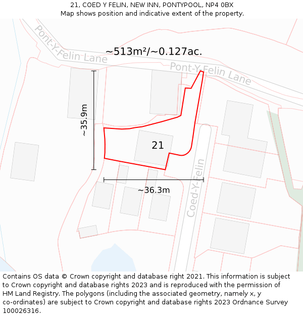 21, COED Y FELIN, NEW INN, PONTYPOOL, NP4 0BX: Plot and title map