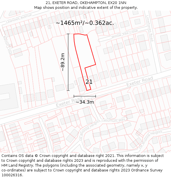 21, EXETER ROAD, OKEHAMPTON, EX20 1NN: Plot and title map