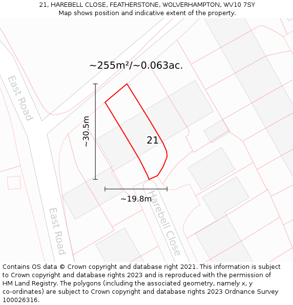 21, HAREBELL CLOSE, FEATHERSTONE, WOLVERHAMPTON, WV10 7SY: Plot and title map