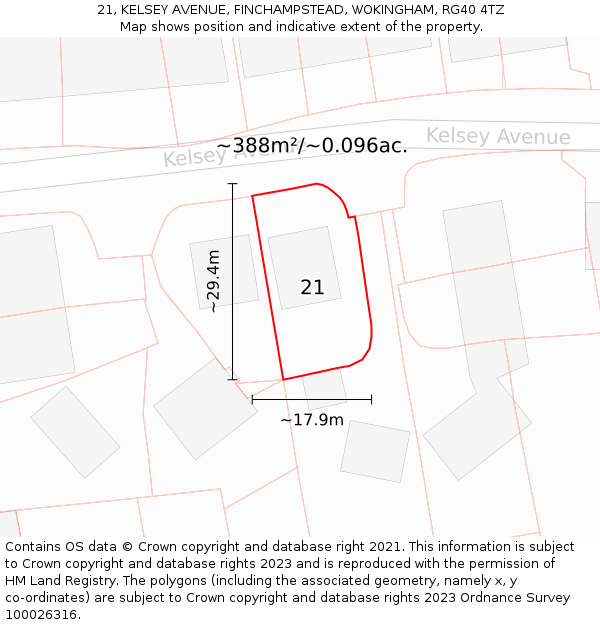 21, KELSEY AVENUE, FINCHAMPSTEAD, WOKINGHAM, RG40 4TZ: Plot and title map