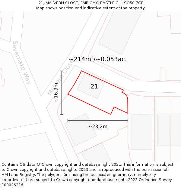 21, MALVERN CLOSE, FAIR OAK, EASTLEIGH, SO50 7GF: Plot and title map