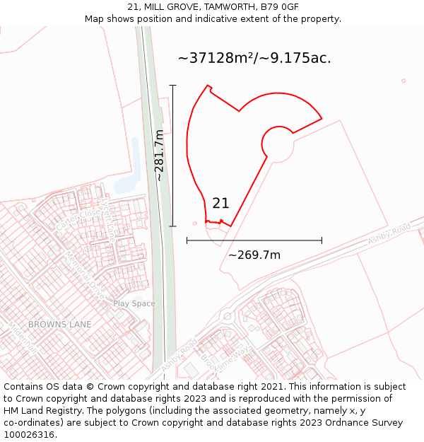 21, MILL GROVE, TAMWORTH, B79 0GF: Plot and title map