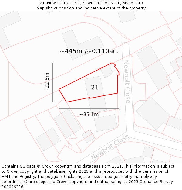 21, NEWBOLT CLOSE, NEWPORT PAGNELL, MK16 8ND: Plot and title map