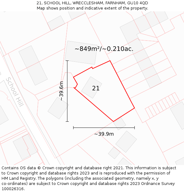 21, SCHOOL HILL, WRECCLESHAM, FARNHAM, GU10 4QD: Plot and title map