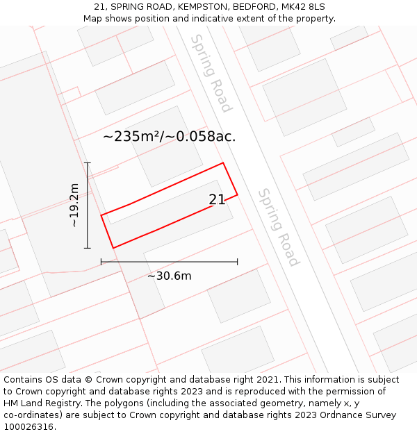 21, SPRING ROAD, KEMPSTON, BEDFORD, MK42 8LS: Plot and title map