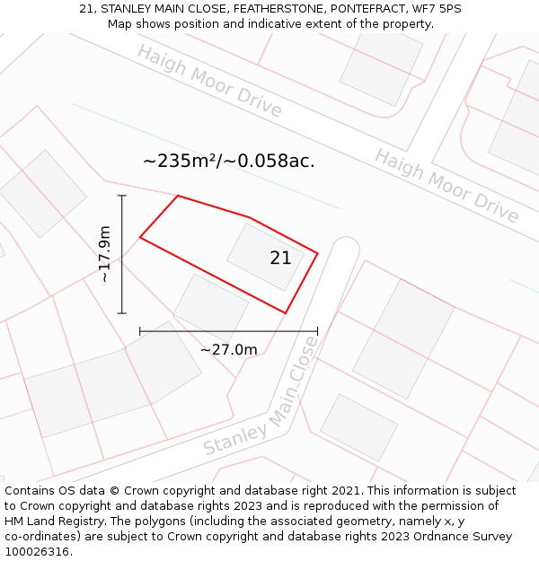 21, STANLEY MAIN CLOSE, FEATHERSTONE, PONTEFRACT, WF7 5PS: Plot and title map