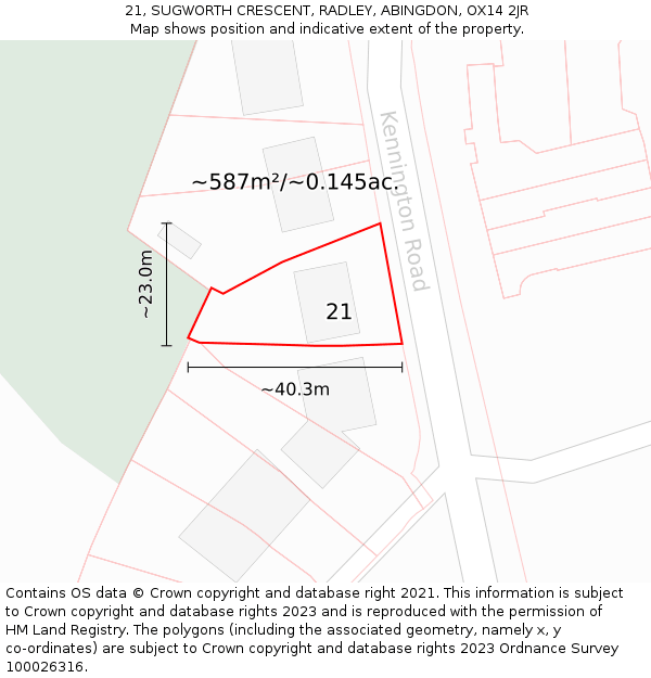 21, SUGWORTH CRESCENT, RADLEY, ABINGDON, OX14 2JR: Plot and title map