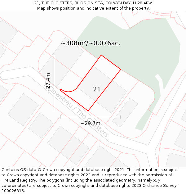 21, THE CLOISTERS, RHOS ON SEA, COLWYN BAY, LL28 4PW: Plot and title map