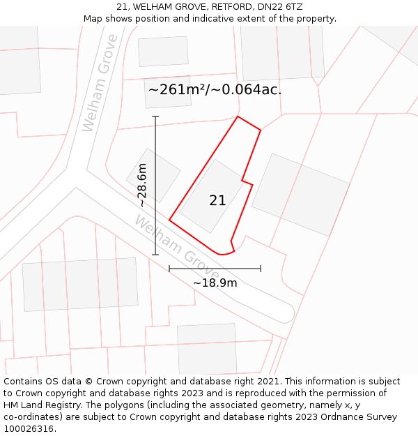 21, WELHAM GROVE, RETFORD, DN22 6TZ: Plot and title map