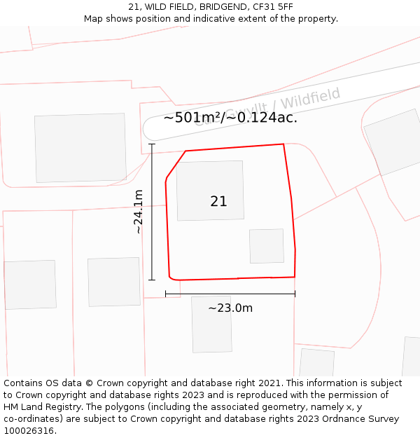 21, WILD FIELD, BRIDGEND, CF31 5FF: Plot and title map