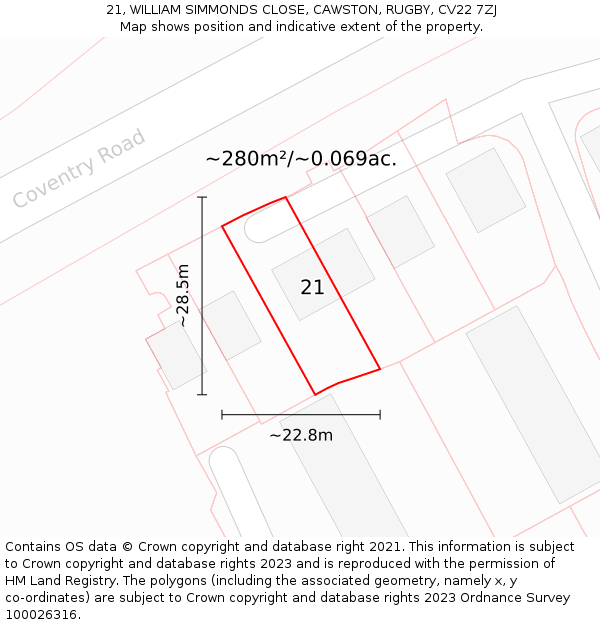 21, WILLIAM SIMMONDS CLOSE, CAWSTON, RUGBY, CV22 7ZJ: Plot and title map