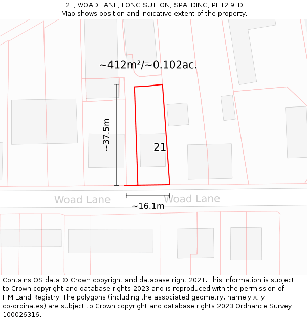 21, WOAD LANE, LONG SUTTON, SPALDING, PE12 9LD: Plot and title map