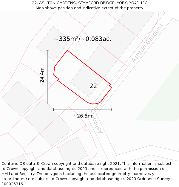 22, ASHTON GARDENS, STAMFORD BRIDGE, YORK, YO41 1FG: Plot and title map