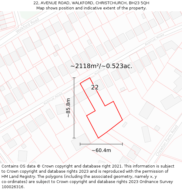 22, AVENUE ROAD, WALKFORD, CHRISTCHURCH, BH23 5QH: Plot and title map