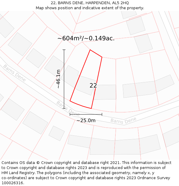 22, BARNS DENE, HARPENDEN, AL5 2HQ: Plot and title map