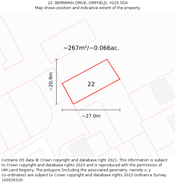 22, BERRIMAN DRIVE, DRIFFIELD, YO25 5DX: Plot and title map