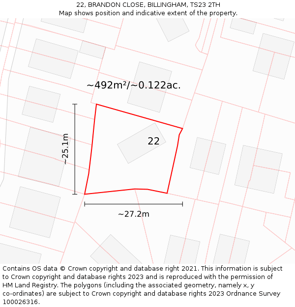 22, BRANDON CLOSE, BILLINGHAM, TS23 2TH: Plot and title map