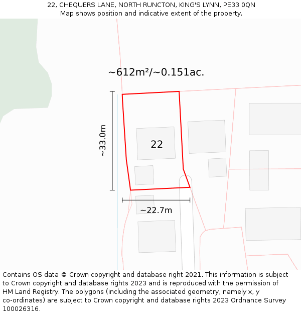 22, CHEQUERS LANE, NORTH RUNCTON, KING'S LYNN, PE33 0QN: Plot and title map