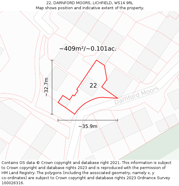 22, DARNFORD MOORS, LICHFIELD, WS14 9RL: Plot and title map