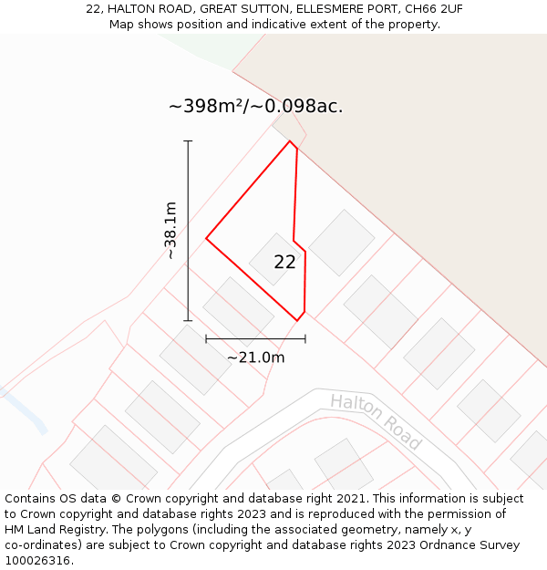 22, HALTON ROAD, GREAT SUTTON, ELLESMERE PORT, CH66 2UF: Plot and title map