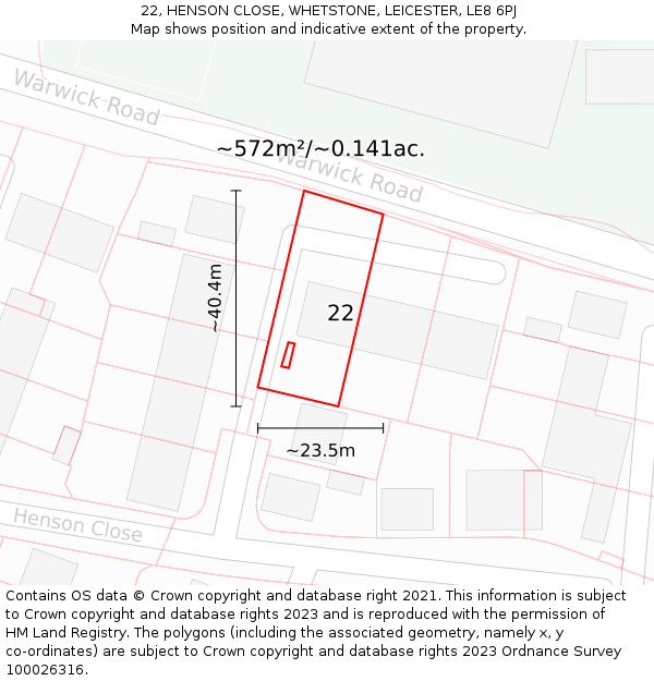 22, HENSON CLOSE, WHETSTONE, LEICESTER, LE8 6PJ: Plot and title map