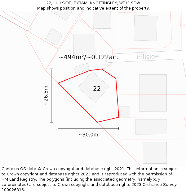 22, HILLSIDE, BYRAM, KNOTTINGLEY, WF11 9DW: Plot and title map