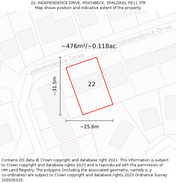 22, INDEPENDENCE DRIVE, PINCHBECK, SPALDING, PE11 3TR: Plot and title map