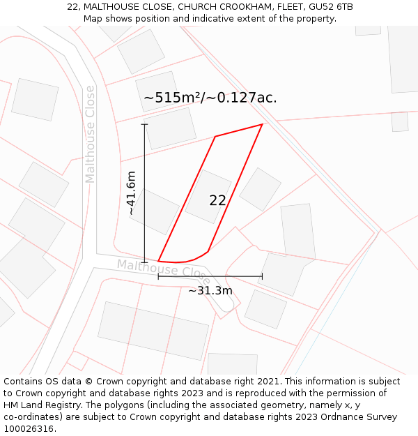 22, MALTHOUSE CLOSE, CHURCH CROOKHAM, FLEET, GU52 6TB: Plot and title map